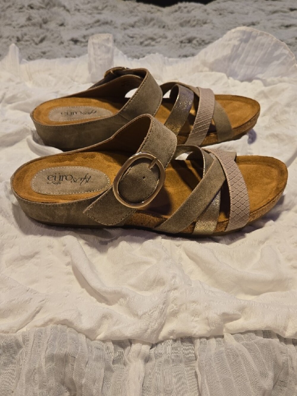 Eurosoft Genalyn Taupe Multi-Strap Slide Sandal Decorative Velcro Buckle NEW